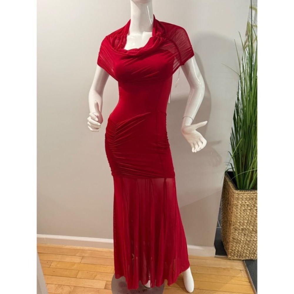 MESHKI Red Off Shoulder Ruched Mesh Maxi Dress Size XXl - Picture 16 of 17